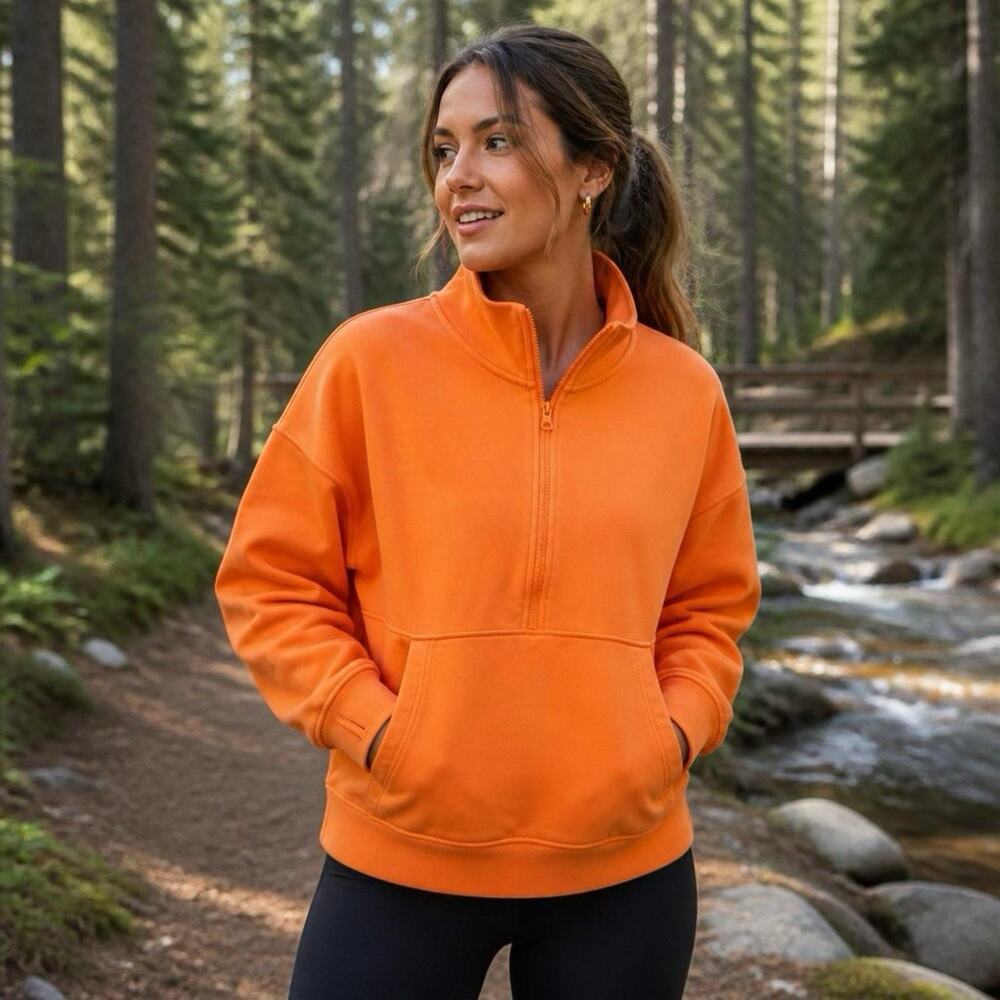 Eddie Bauer Jacket Women’s Medium Orange HalfZip Mock Neck Pocket Casual Chore